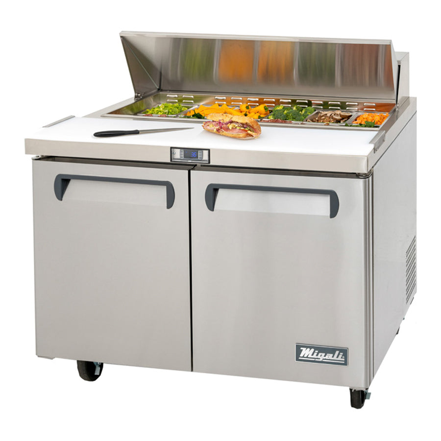 Migali Competitor Series Refrigerated Counter/Sandwich Prep Table, 48.2” W, accommodates (12) 1/6 size pans, (2) solid hinged doors