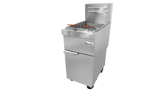 CM-SG-F4A 15" Full Pot Floor Model Gas Fryer w/ 50-lb Capacity, 2 Baskets, Basket Hangers Made in USA
