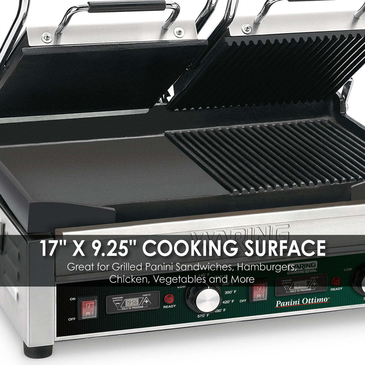Waring DOUBLE ITALIAN-STYLE PANINI/FLAT GRILL WITH TIMER - 240V Model: WDG300T