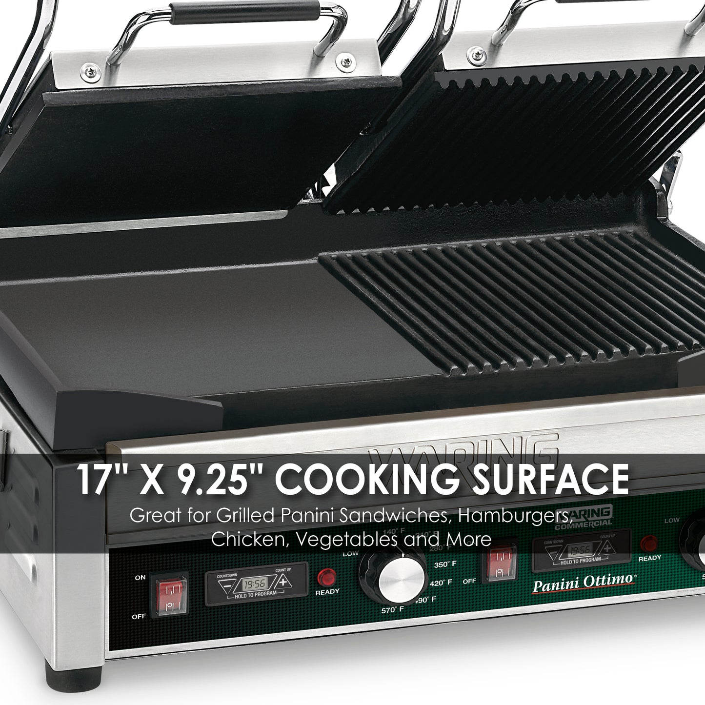 Waring DOUBLE ITALIAN-STYLE PANINI/FLAT GRILL WITH TIMER - 240V Model: WDG300T