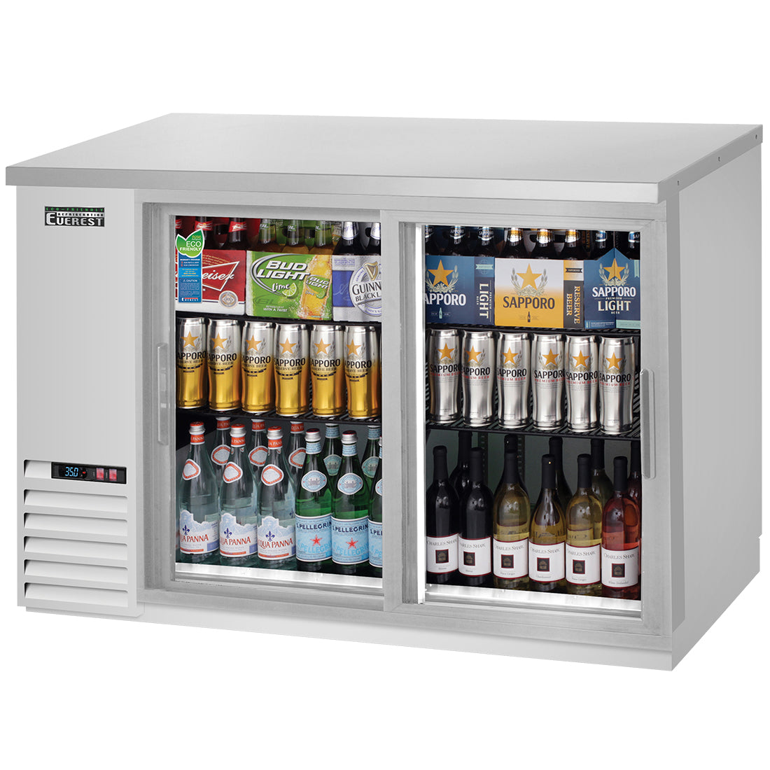 Everest 2 Deep Glass Sliding Door Back Bar Cooler, 48" - Stainless Steel Exterior Model EBB48G-SD-SS