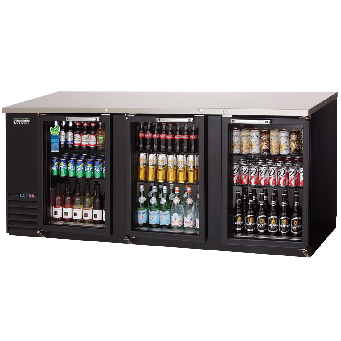 Everest 3 Glass Door Back Bar Cooler, 90" Length, 24" Depth - Black Exterior Model EBB90G-24