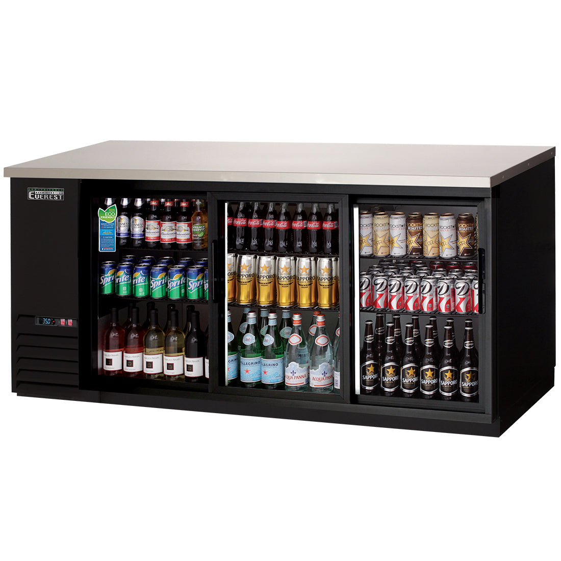 Everest 3 Deep Glass Sliding Door Back Bar Cooler, 90" - Black Exterior Model EBB90G-SD