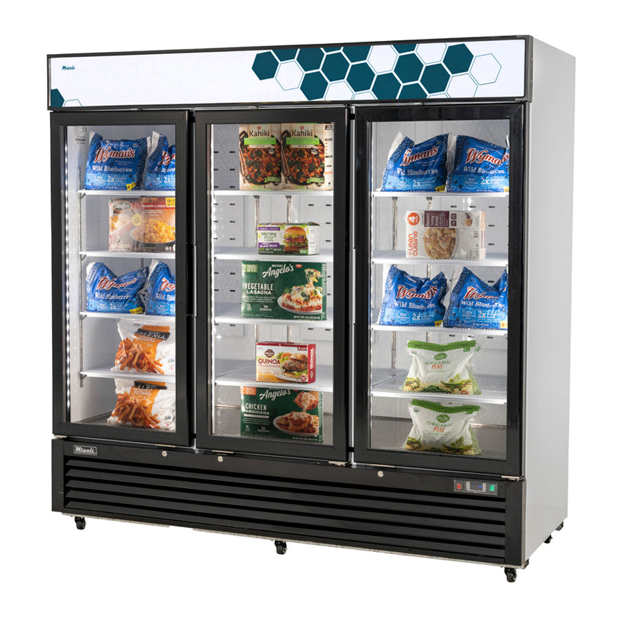 Migali Competitor Series Freezer Merchandiser, reach-in, 82” W, 72.0 cu. ft. capacity, (3) hinged glass doors