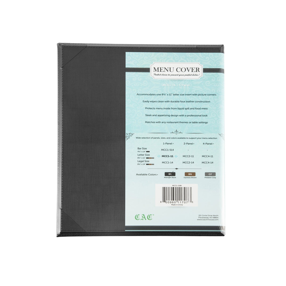 Menu Cover Faux Leather 1-Panel Black 8-1/2x11"