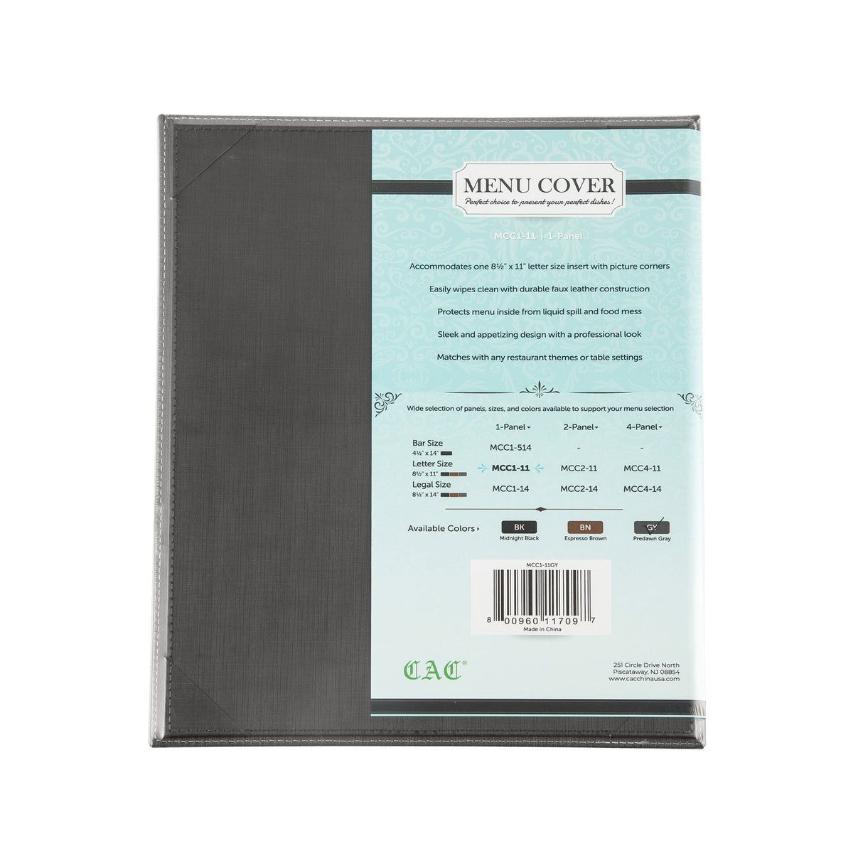 Menu Cover Faux Leather 1-Panel Gray 8-1/2x11"