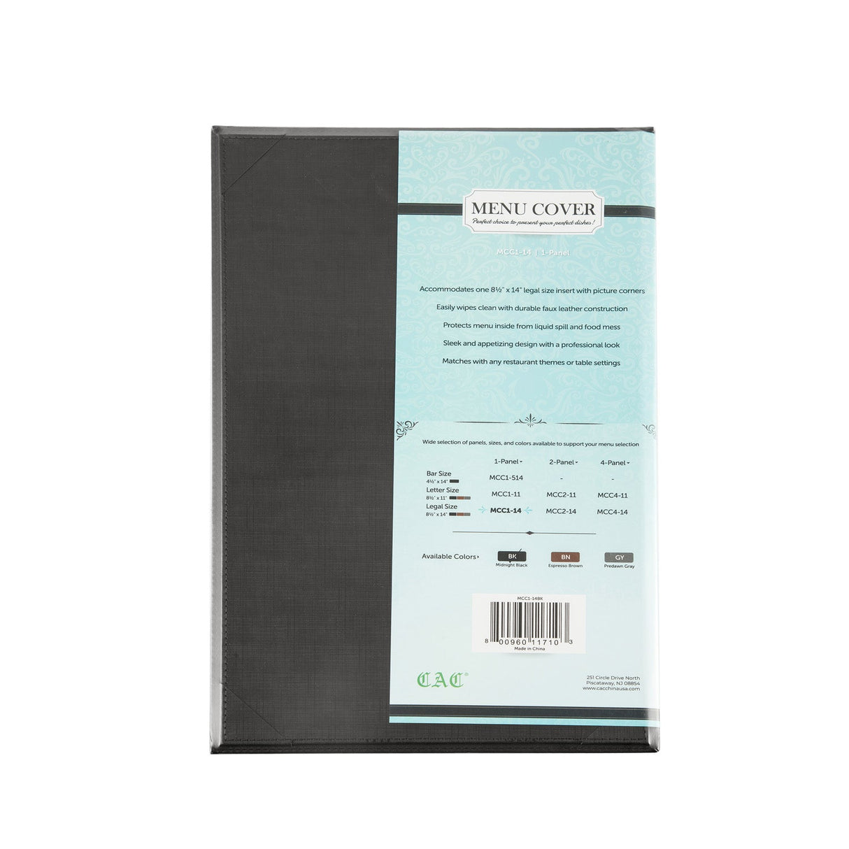 Menu Cover Faux Leather 1-Panel Black 8-1/2x14"