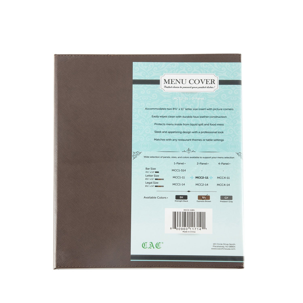 Menu Cover Faux Leather 2-Panel Brown 8-1/2x11"