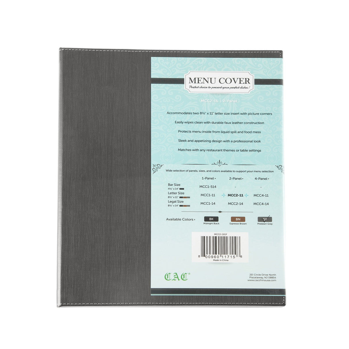 Menu Cover Faux Leather 2-Panel Gray 8-1/2x11"