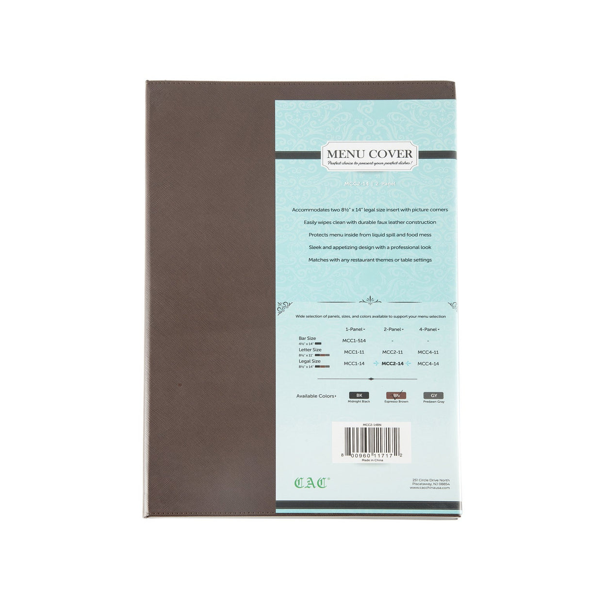 Menu Cover Faux Leather 2-Panel Brown 8-1/2x14"