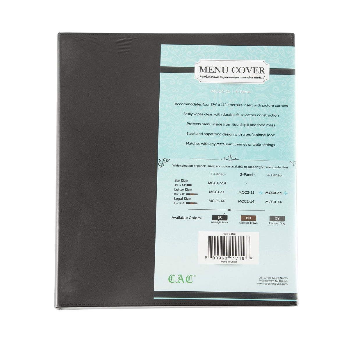 Menu Cover Faux Leather 4-Panel Black 8-1/2x11"