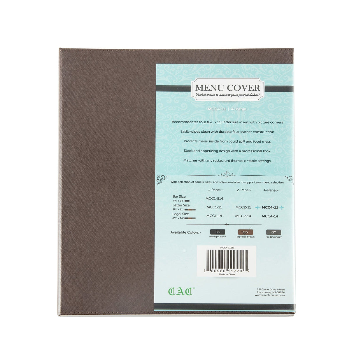 Menu Cover Faux Leather 4-Panel Brown 8-1/2x11"