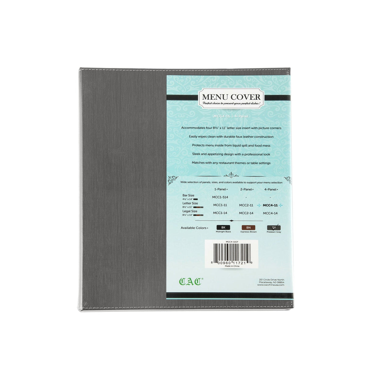 Menu Cover Faux Leather 4-Panel Gray 8-1/2x11"