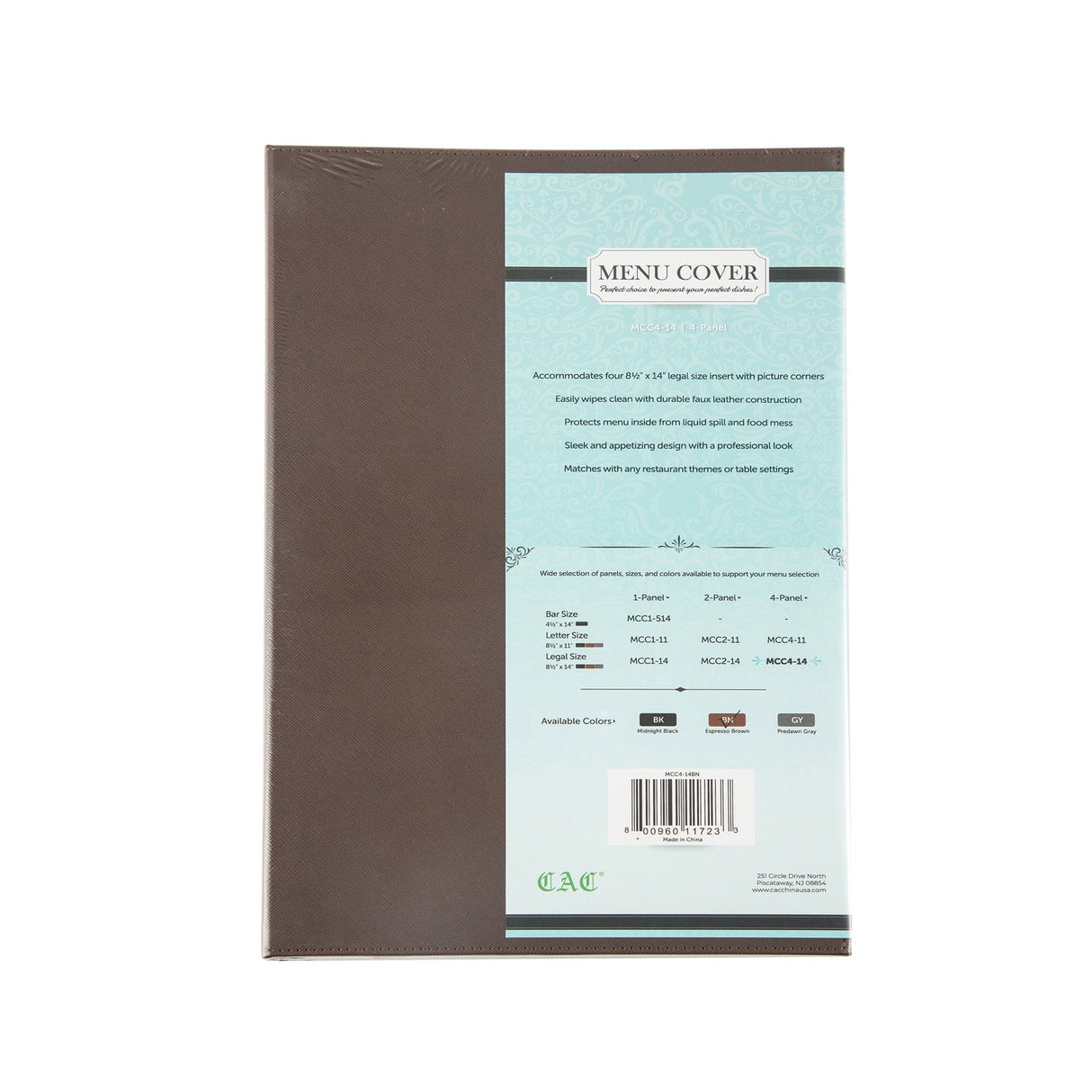 Menu Cover Faux Leather 4-Panel Brown 8-1/2x14"