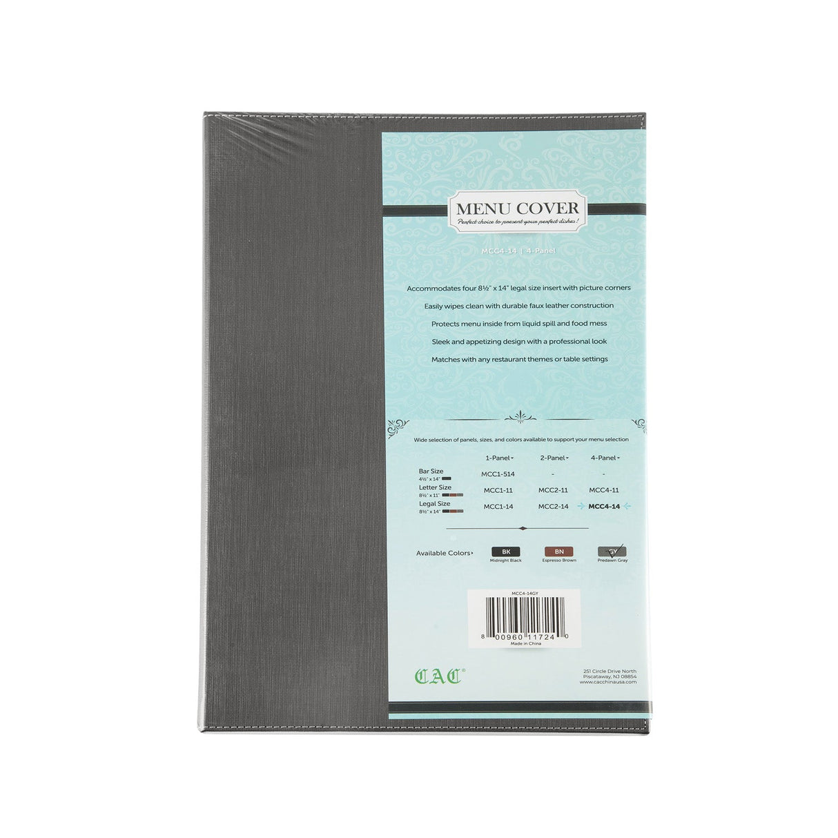 Menu Cover Faux Leather 4-Panel Gray 8-1/2x14"