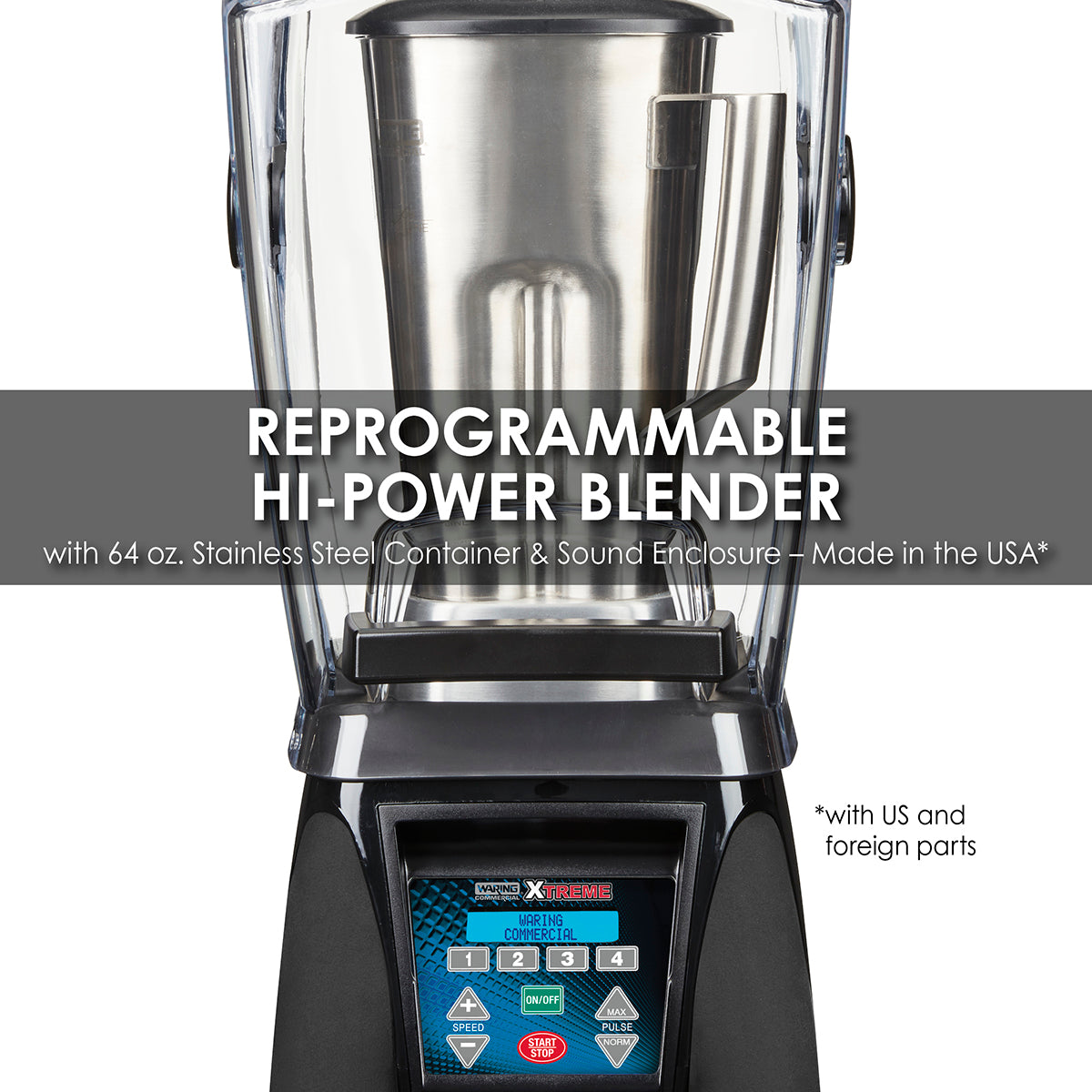 Waring PROGRAMMABLE HI-POWER BLENDER WITH SOUND ENCLOSURE AND 64 OZ. STAINLESS-STEEL CONTAINER – MADE IN THE USA* Model: MX1500XTS